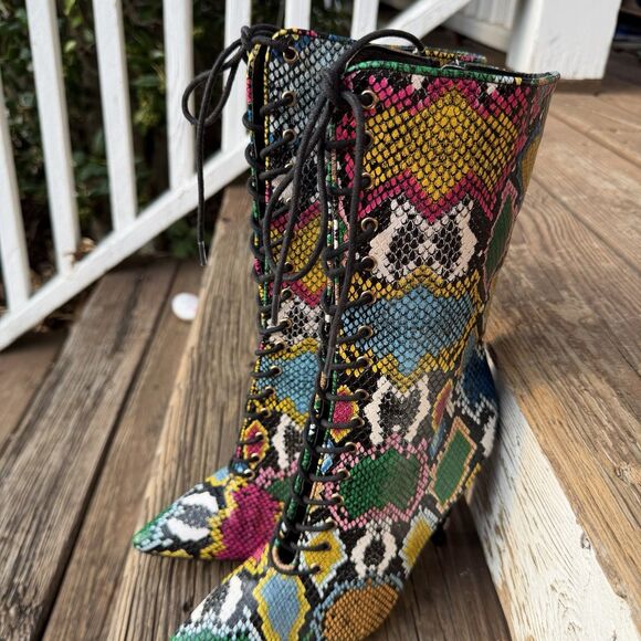 LILIANA Shoes - Liliana Womens Size 8 Colorful Snakeskin Lace Up Stiletto Knee High Boots